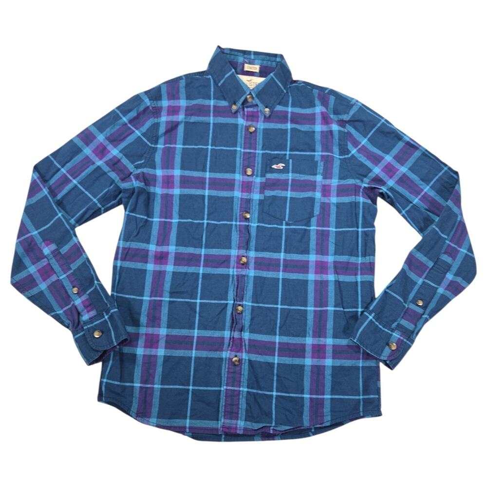 Hollister California Men's Small Stretch Plaid Button Down Shirt Blue Purple